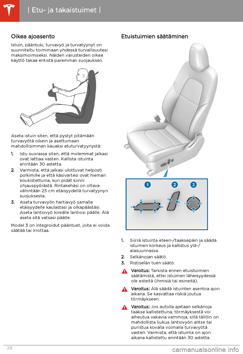 TESLA MODEL 3 2020  Omistajan käsikirja (in Finnish) Istuin- ja turvaj