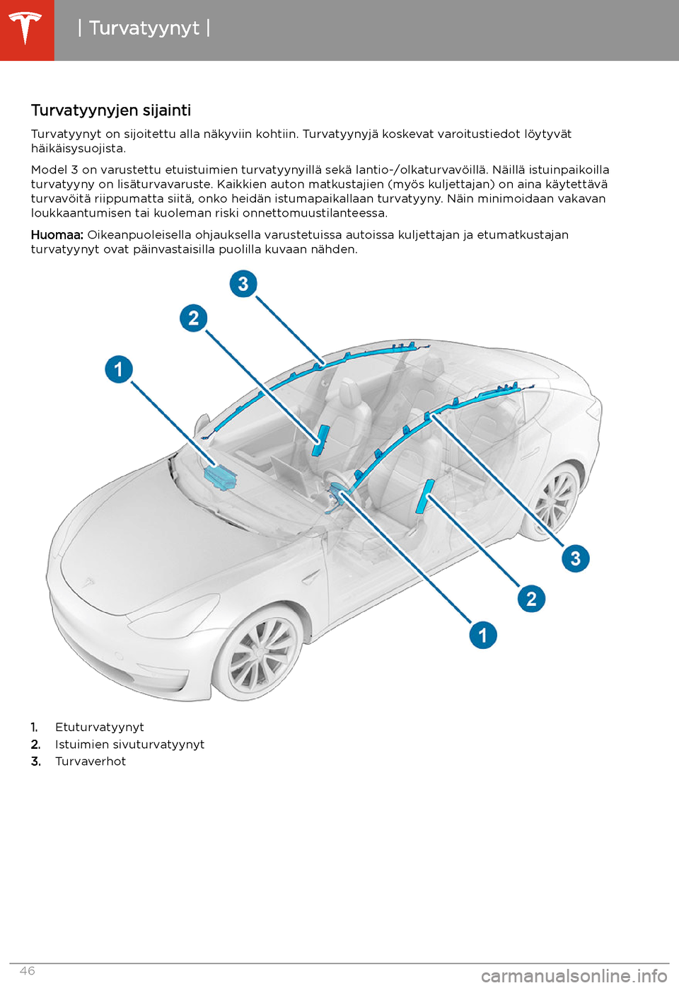 TESLA MODEL 3 2020 Omistajan käsikirja (in Finnish) Turvatyynyt
Turvatyynyjen sijainti Turvatyynyt on sijoitettu alla n TESLA MODEL 3 2020 Omistajan käsikirja (in Finnish) Turvatyynyt
Turvatyynyjen sijainti Turvatyynyt on sijoitettu alla n