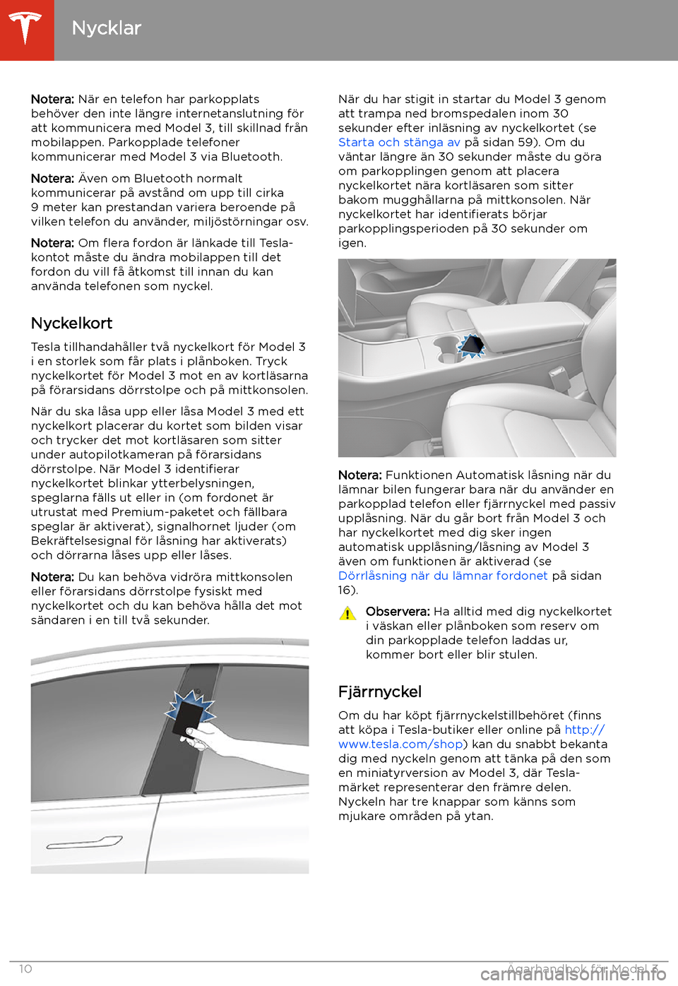 TESLA MODEL 3 2020  Ägarmanual (in Swedish) Notera: N