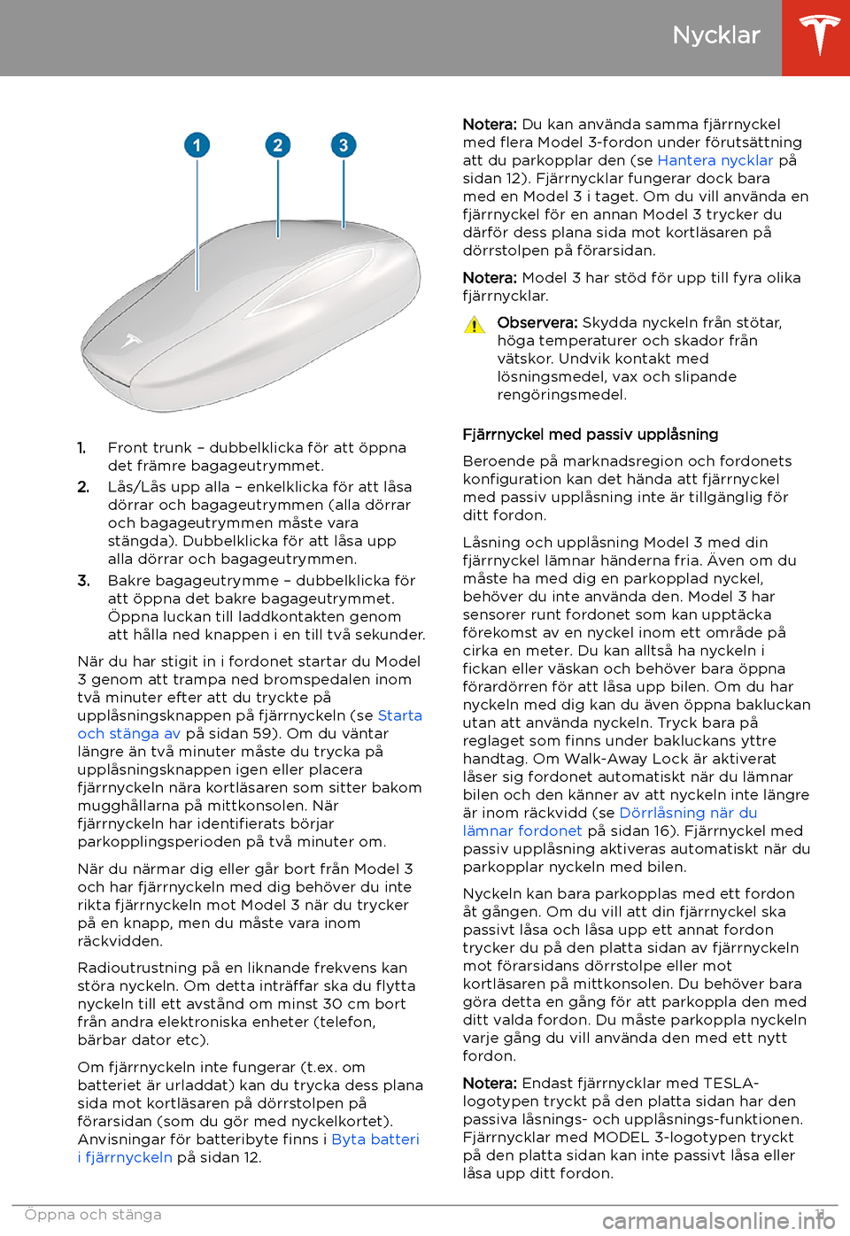 TESLA MODEL 3 2020  Ägarmanual (in Swedish) 1.Front trunk 