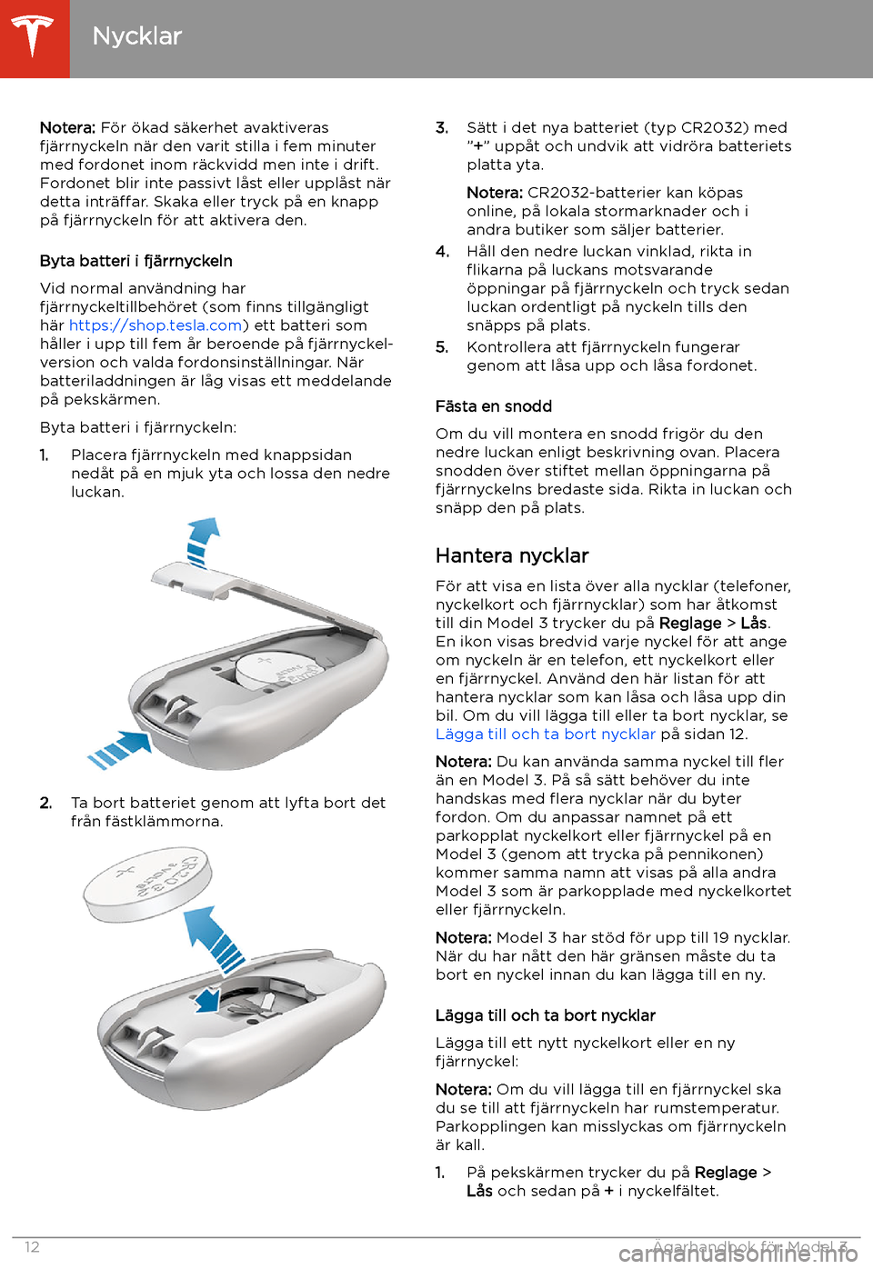 TESLA MODEL 3 2020  Ägarmanual (in Swedish) Notera: F