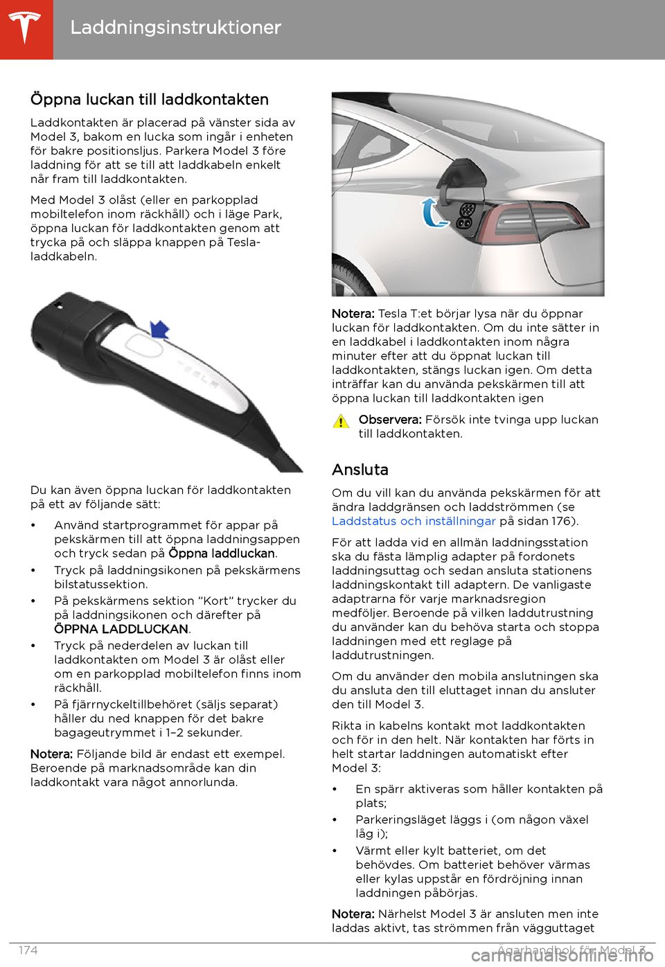 TESLA MODEL 3 2020  Ägarmanual (in Swedish) Laddningsinstruktioner
