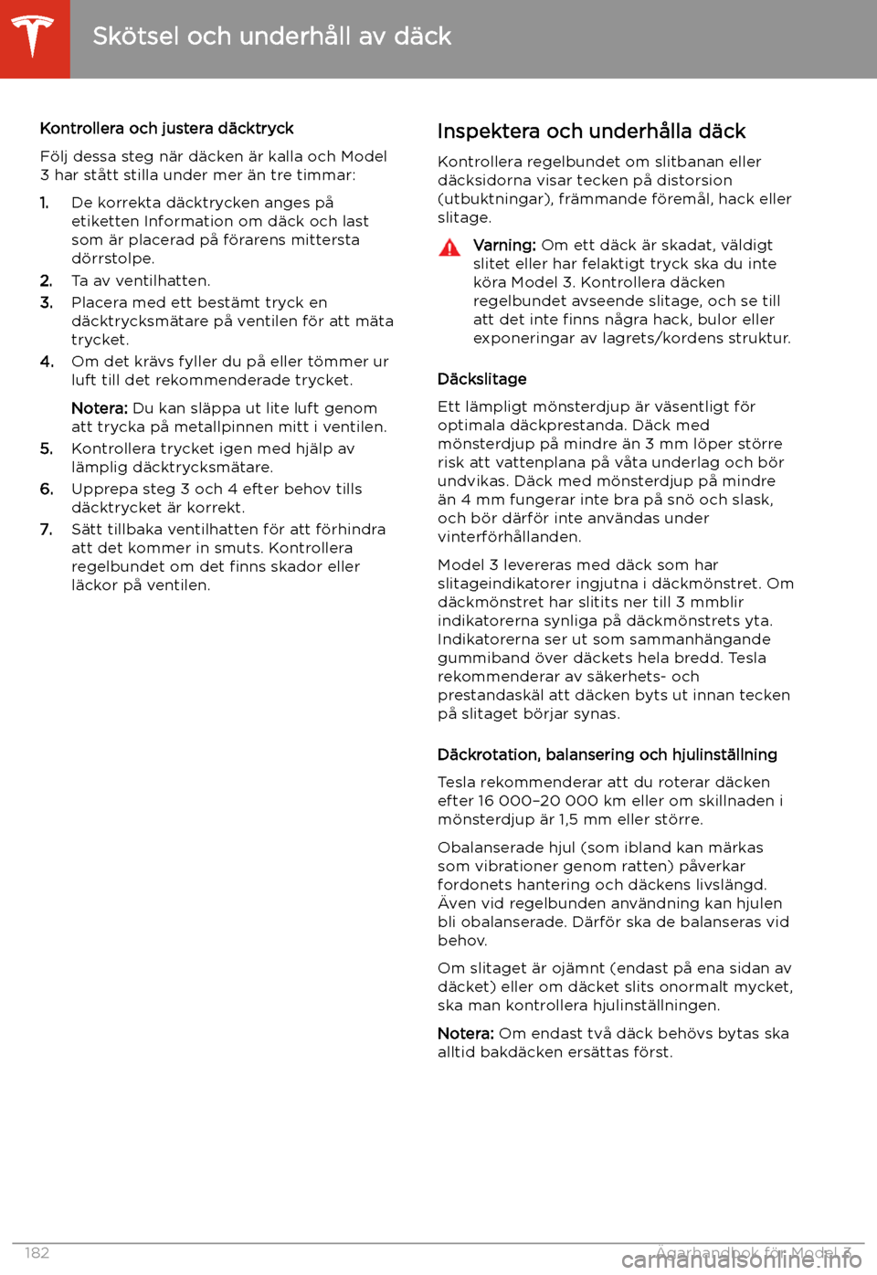 TESLA MODEL 3 2020  Ägarmanual (in Swedish) Kontrollera och justera d