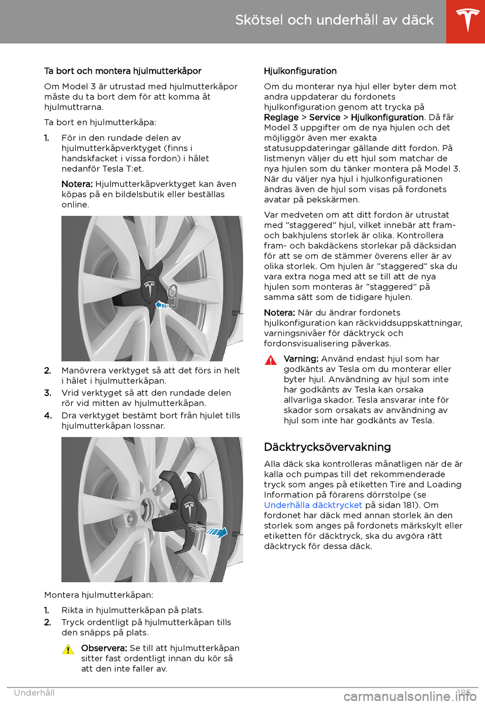 TESLA MODEL 3 2020  Ägarmanual (in Swedish) Ta bort och montera hjulmutterk
