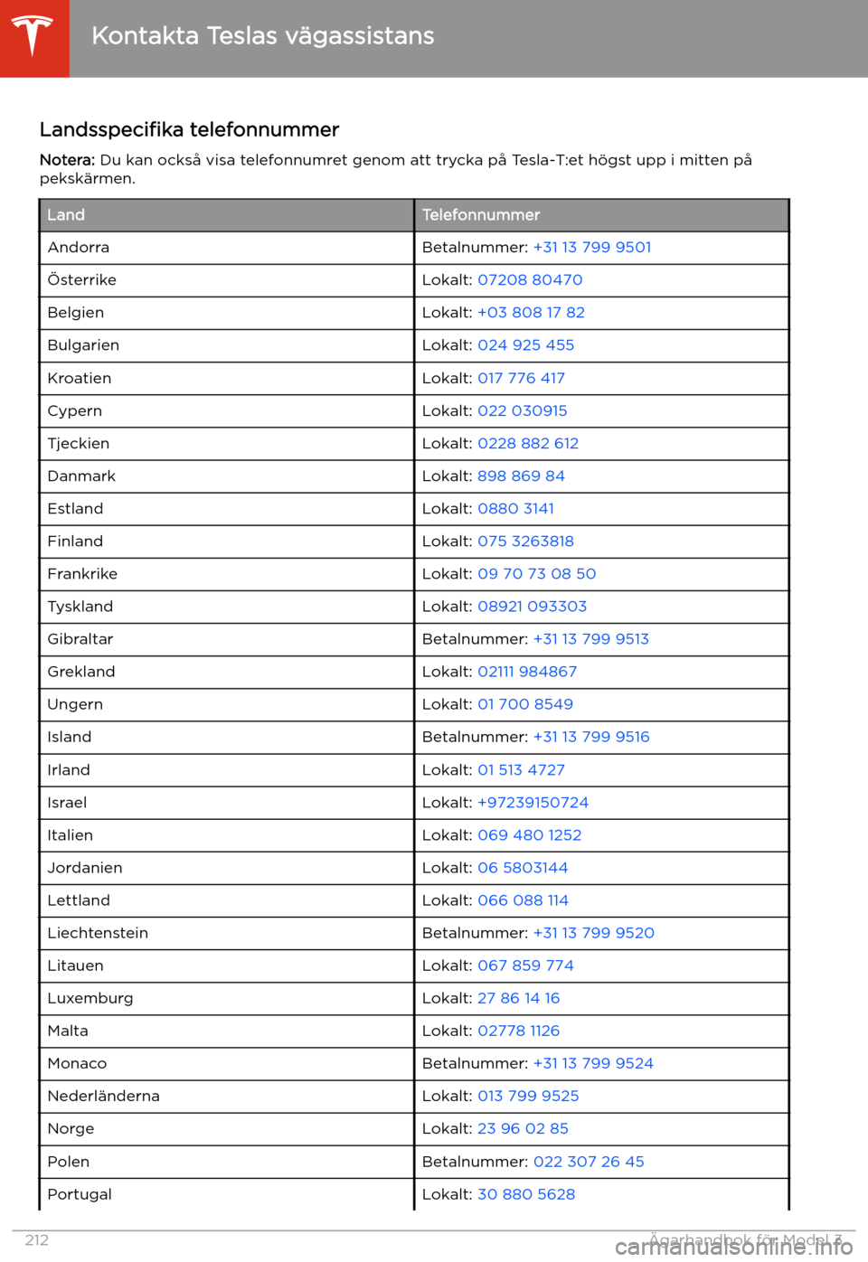 TESLA MODEL 3 2020  Ägarmanual (in Swedish) Landsspeci