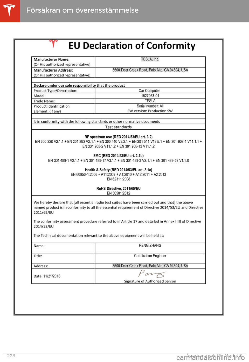 TESLA MODEL 3 2020  Ägarmanual (in Swedish) F