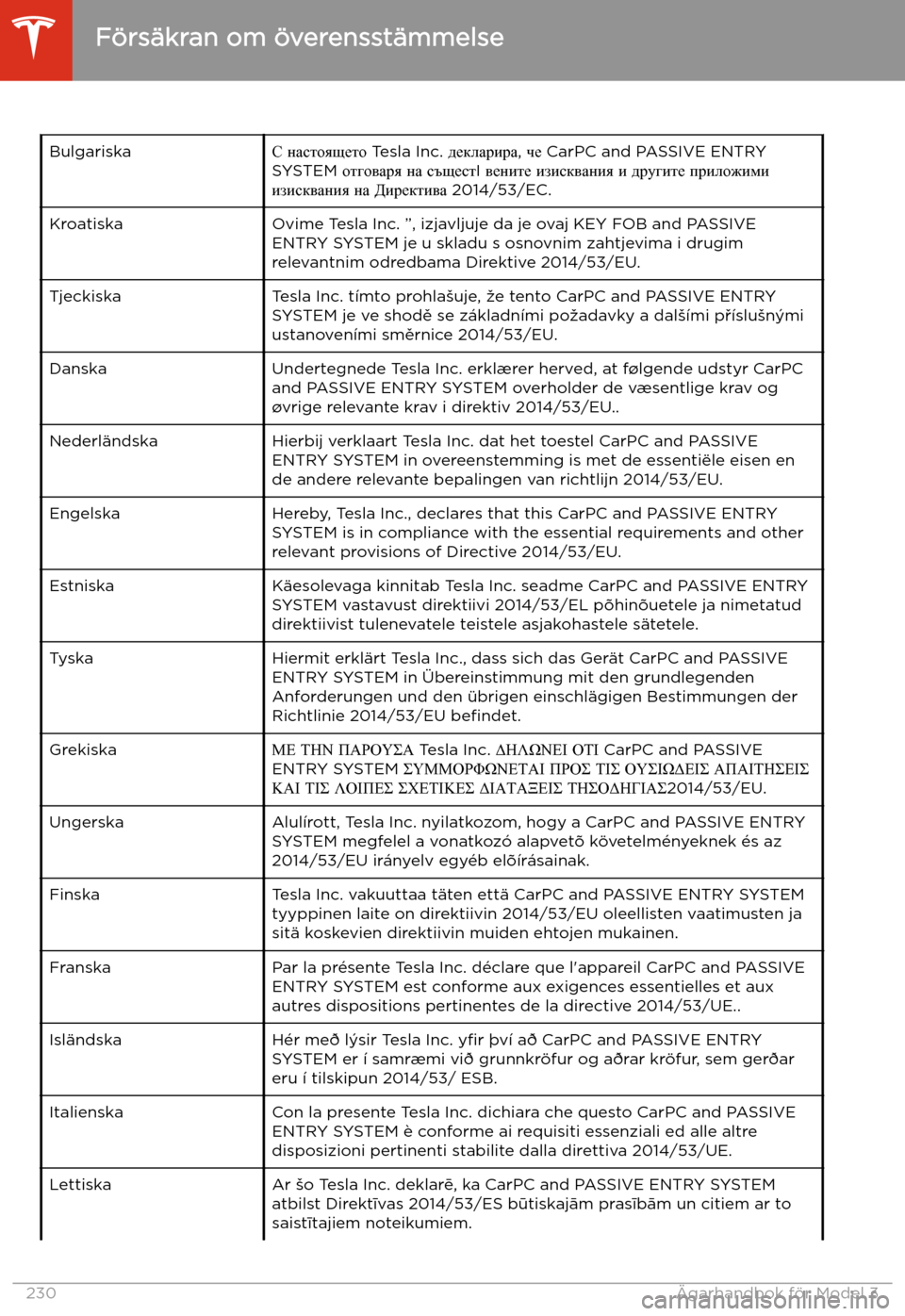 TESLA MODEL 3 2020  Ägarmanual (in Swedish) BulgariskaK gZklhys_lh  Tesla Inc.  ^_deZjbjZ, q_  CarPC and PASSIVE ENTRY
SYSTEM  hl]h\Zjy gZ  kts_kl I \_gbl_  babkd\Zgby  b  ^jm]bl_  