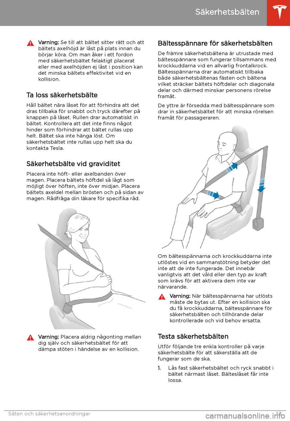TESLA MODEL 3 2020 Ägarmanual (in Swedish) Varning: Se till att b TESLA MODEL 3 2020 Ägarmanual (in Swedish) Varning: Se till att b