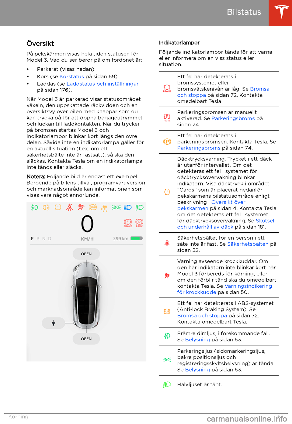 TESLA MODEL 3 2020  Ägarmanual (in Swedish) Bilstatus
