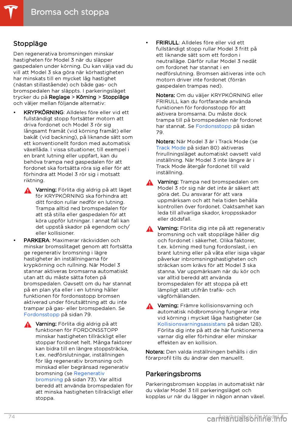 TESLA MODEL 3 2020  Ägarmanual (in Swedish) Stoppl