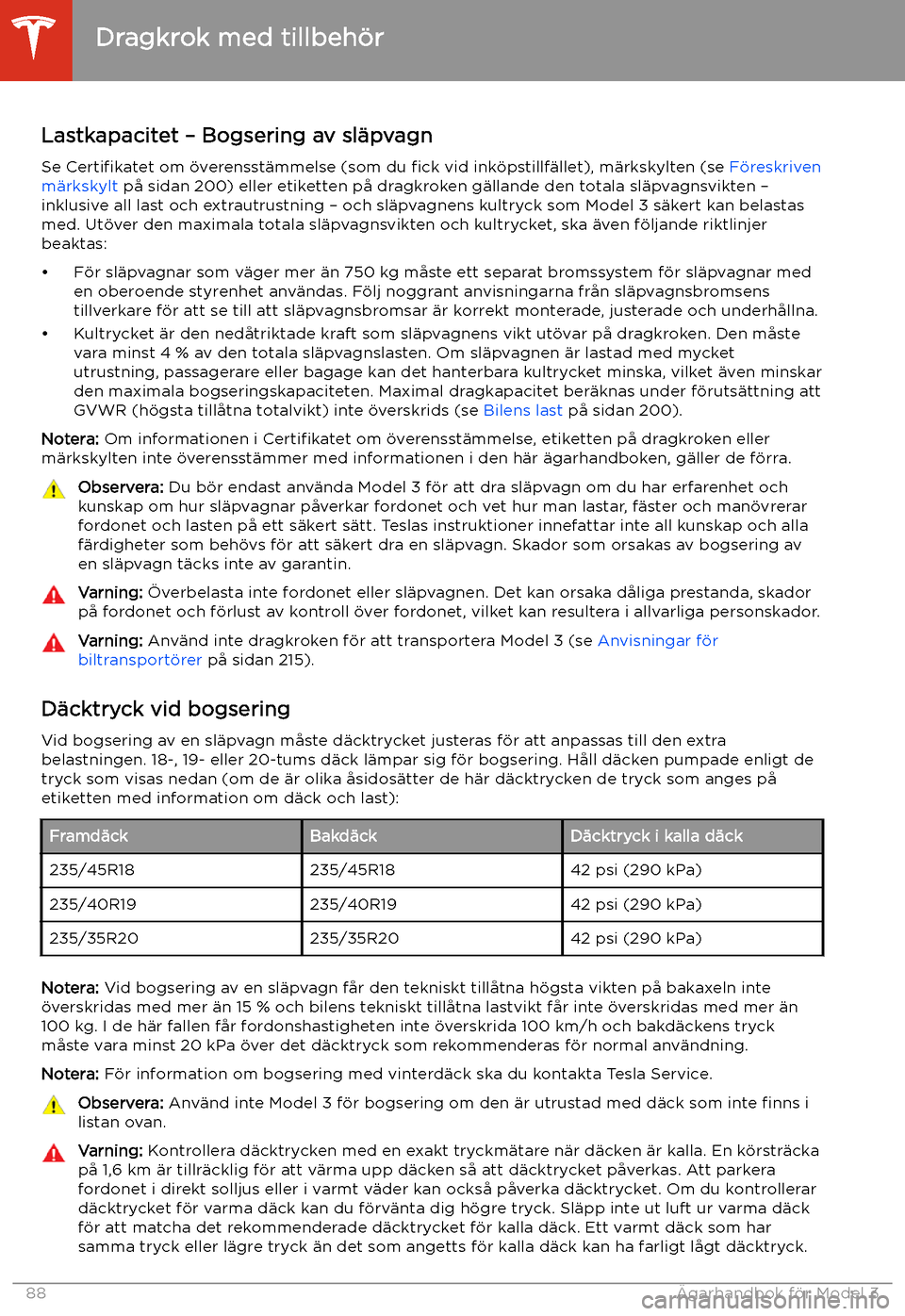 TESLA MODEL 3 2020 Ägarmanual (in Swedish) Lastkapacitet TESLA MODEL 3 2020 Ägarmanual (in Swedish) Lastkapacitet