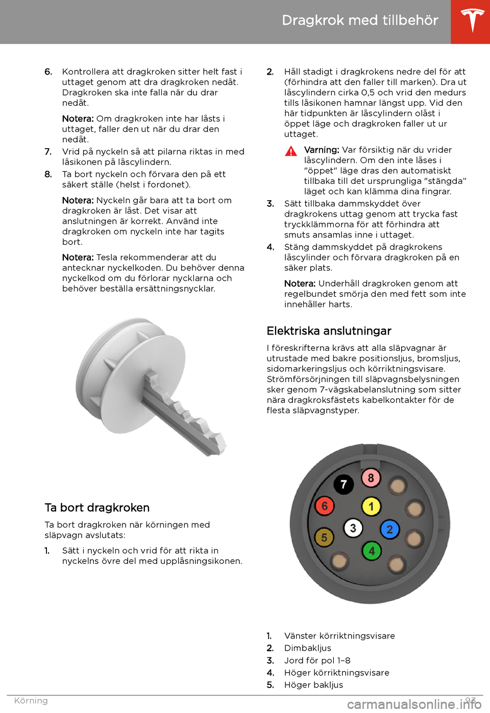 TESLA MODEL 3 2020 Ägarmanual (in Swedish) 6.Kontrollera att dragkroken sitter helt fast i
uttaget genom att dra dragkroken ned TESLA MODEL 3 2020 Ägarmanual (in Swedish) 6.Kontrollera att dragkroken sitter helt fast i
uttaget genom att dra dragkroken ned