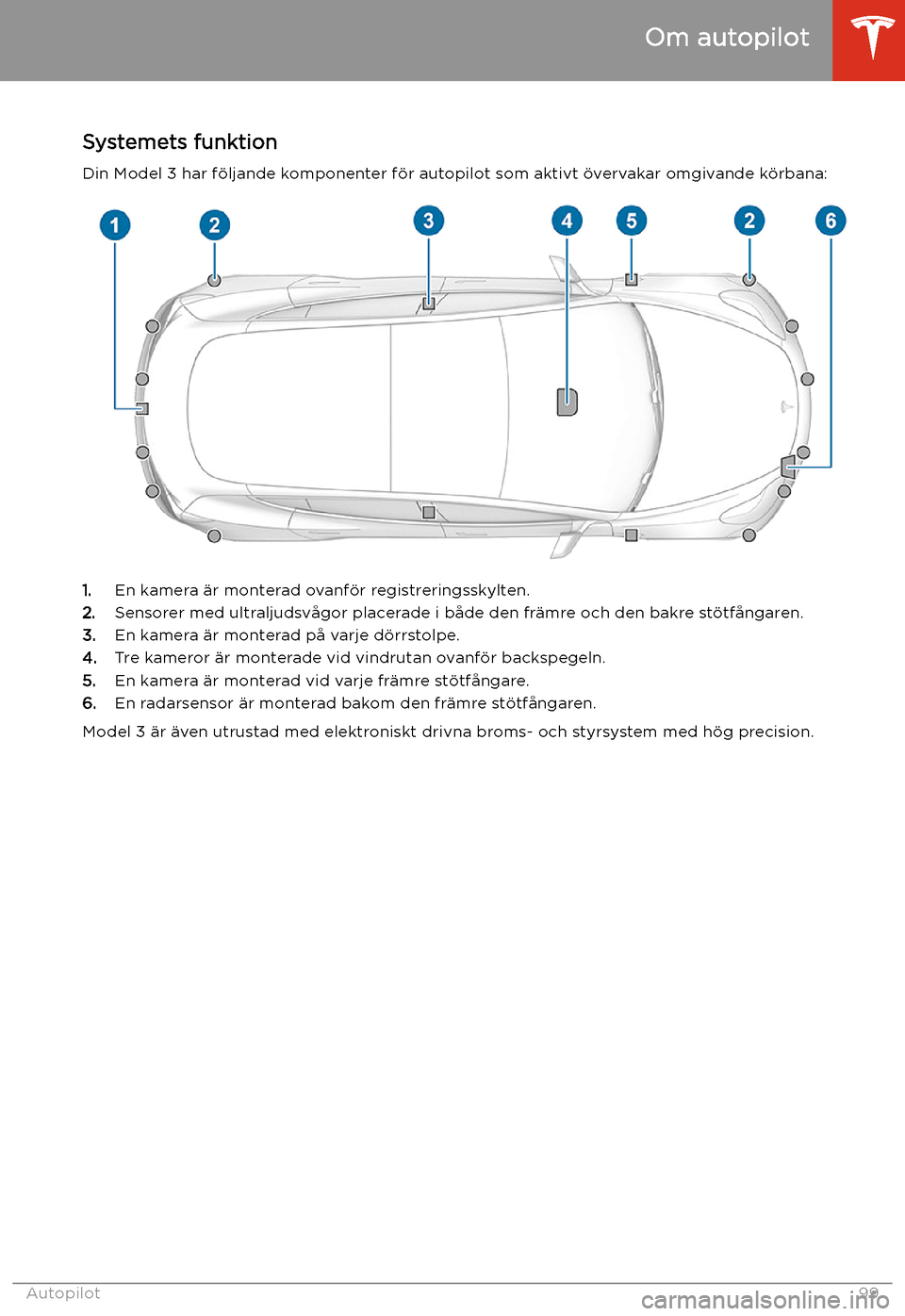 TESLA MODEL 3 2020 Ägarmanual (in Swedish) Autopilot
Om autopilot
Systemets funktion Din Model 3 har f TESLA MODEL 3 2020 Ägarmanual (in Swedish) Autopilot
Om autopilot
Systemets funktion Din Model 3 har f