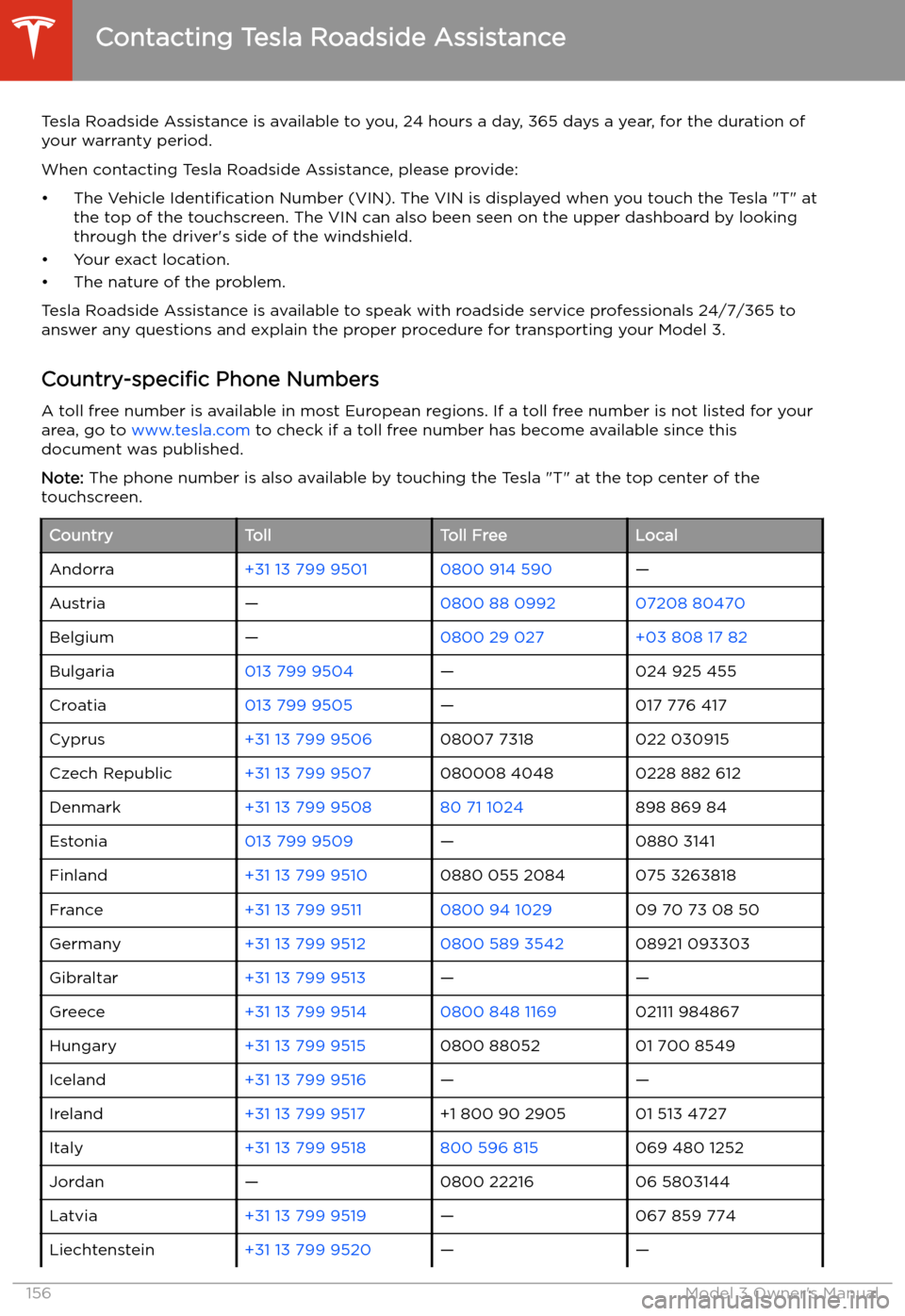 TESLA MODEL 3 2019  Owners Manual (Europe) Roadside Assistance
Contacting Tesla Roadside Assistance
Tesla Roadside Assistance is available to you, 24 hours a day, 365 days a year, for the duration of
your warranty period.
When contacting Tesla