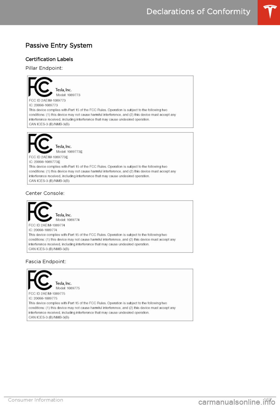 TESLA MODEL 3 2019  Owners Manual (Europe) Declarations of Conformity
Passive Entry System
Certification  Labels
Pillar Endpoint:
Center Console:
Fascia Endpoint:
Declarations of Conformity
Consumer Information167 