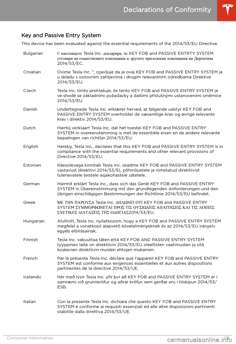 TESLA MODEL 3 2019  Owners Manual (Europe) Key and Passive Entry System
This device has been evaluated against the essential requirements of the 2014/53/EU Directive.BulgarianK  gZklhys_lh  Tesla Inc.  ^_deZjbjZ, q_  KEY 