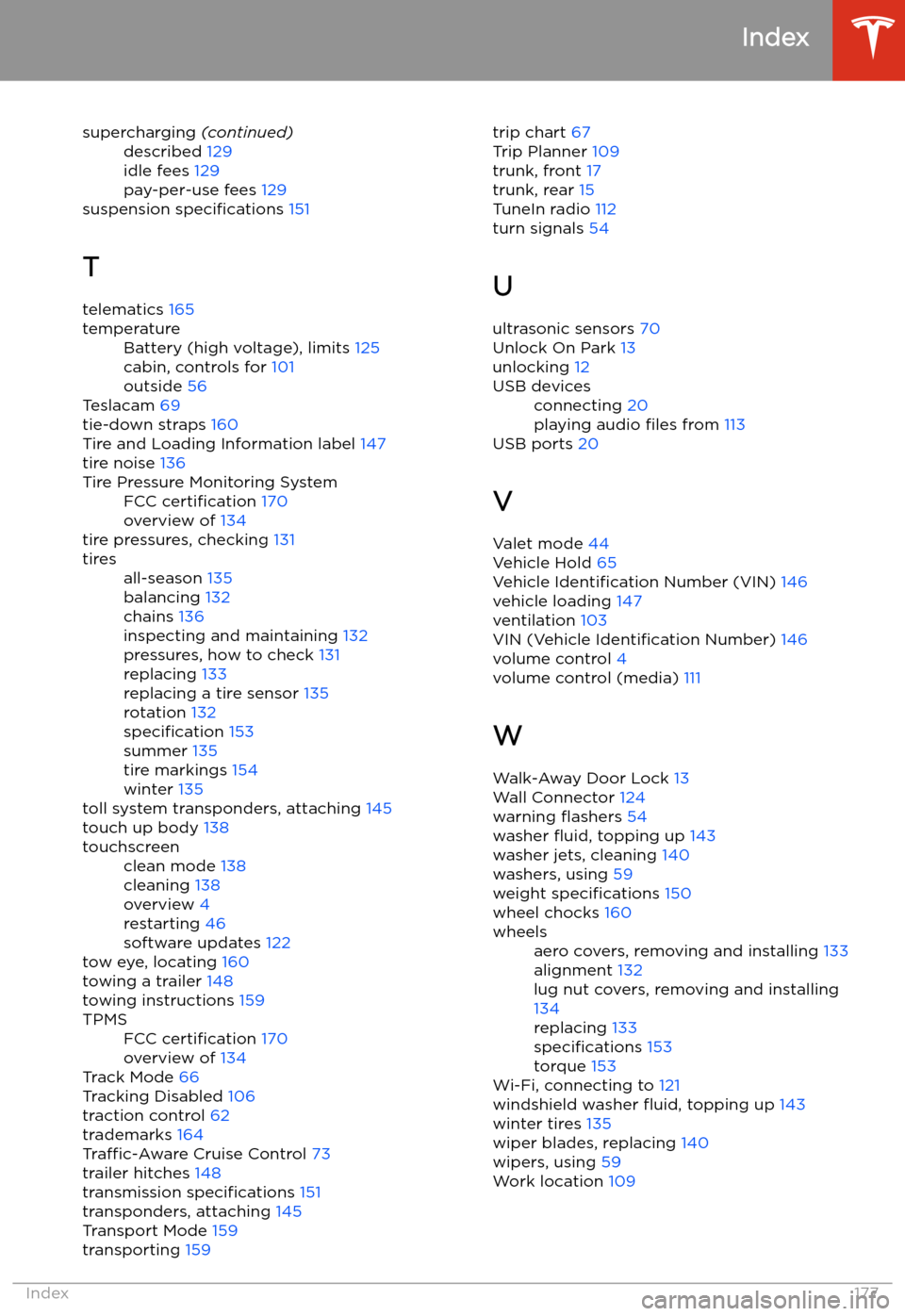 TESLA MODEL 3 2019  Owners Manual (Europe) supercharging (continued)described 129
idle fees  129
pay-per-use fees  129
suspension specifications  151
T telematics  165
temperatureBattery (high voltage), limits  125
cabin, controls for  101
out