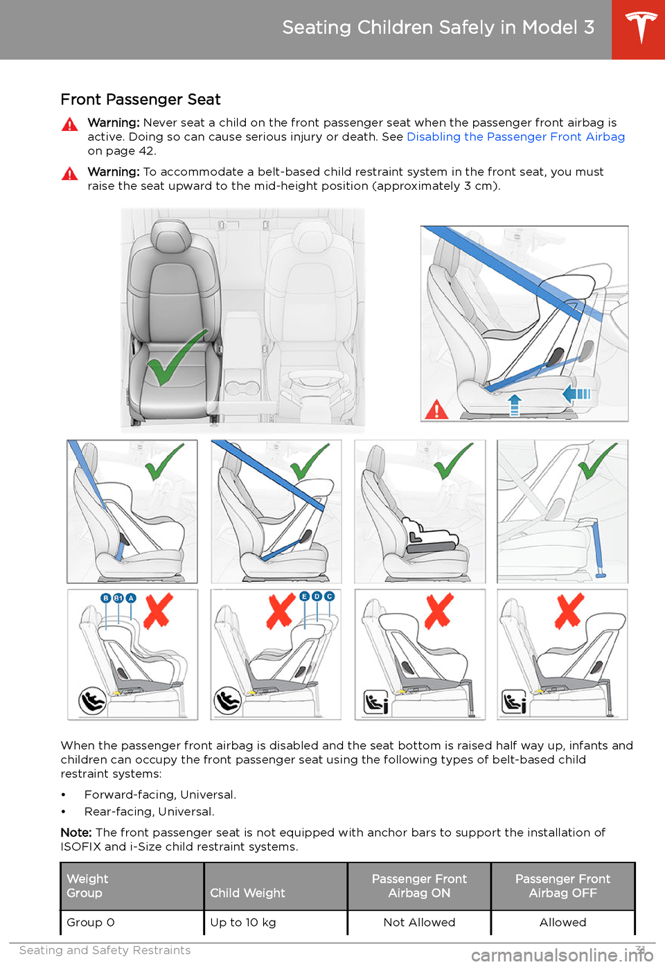 TESLA MODEL 3 2019  Owners Manual (Europe) Front Passenger SeatWarning: Never seat a child on the front passenger seat when the passenger front airbag is
active. Doing so can cause serious injury or death. See  Disabling the Passenger Front Ai