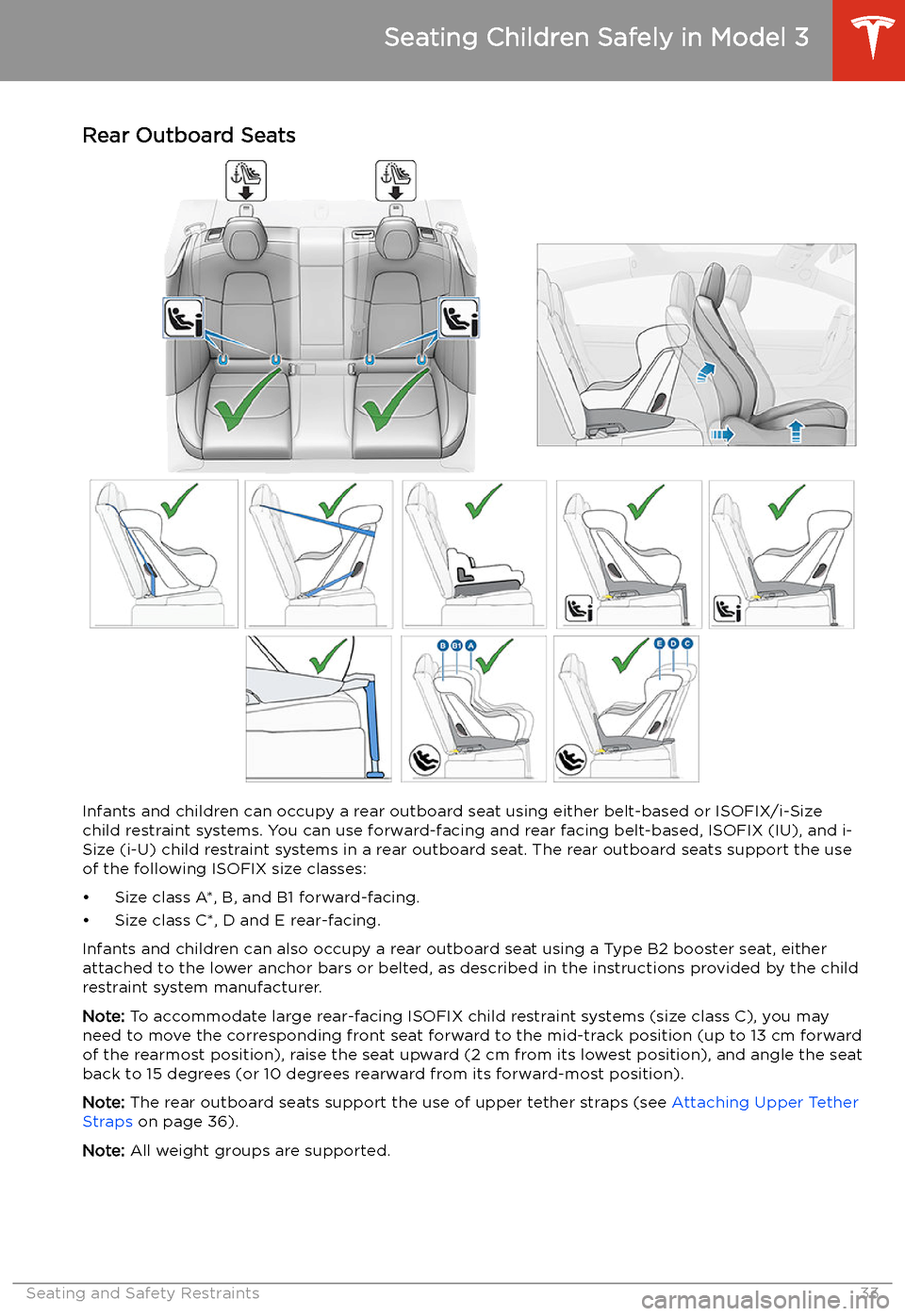 TESLA MODEL 3 2019   (Europe) Owners Guide Rear Outboard Seats
Infants and children can occupy a rear outboard seat using either belt-based or ISOFIX/i-Size
child restraint systems. You can use forward-facing and rear facing belt-based, ISOFIX