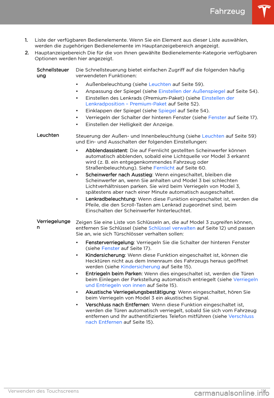 TESLA MODEL 3 2019 Betriebsanleitung (in German) 1.Liste der verf TESLA MODEL 3 2019 Betriebsanleitung (in German) 1.Liste der verf