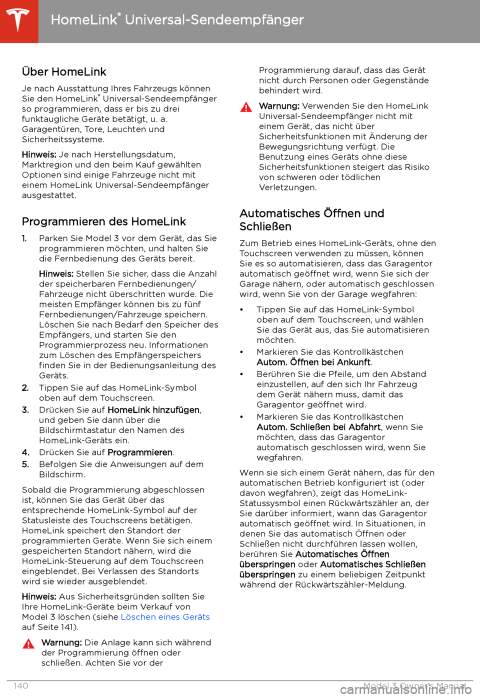 TESLA MODEL 3 2019 Betriebsanleitung (in German) HomeLink TESLA MODEL 3 2019 Betriebsanleitung (in German) HomeLink