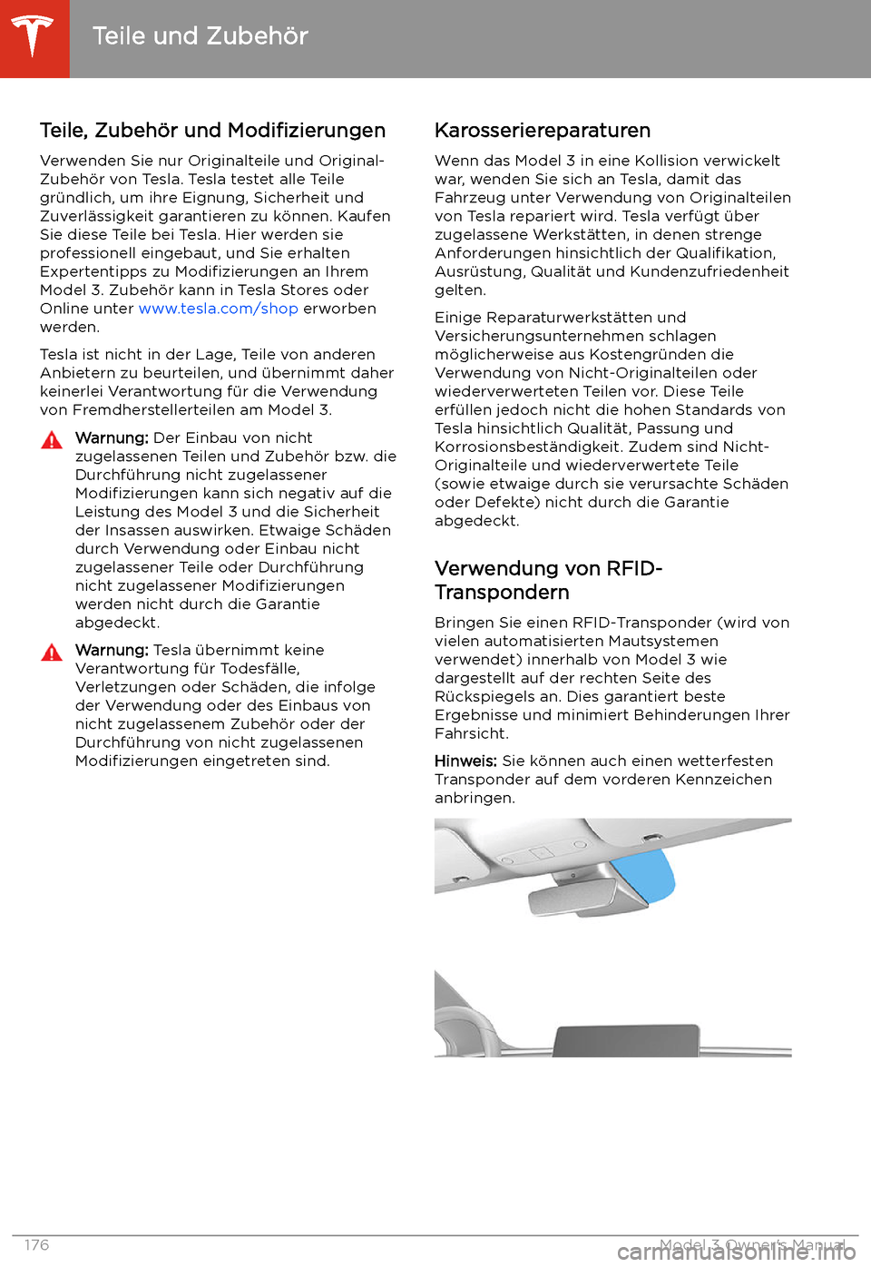 TESLA MODEL 3 2019 Betriebsanleitung (in German) Teile und Zubeh TESLA MODEL 3 2019 Betriebsanleitung (in German) Teile und Zubeh