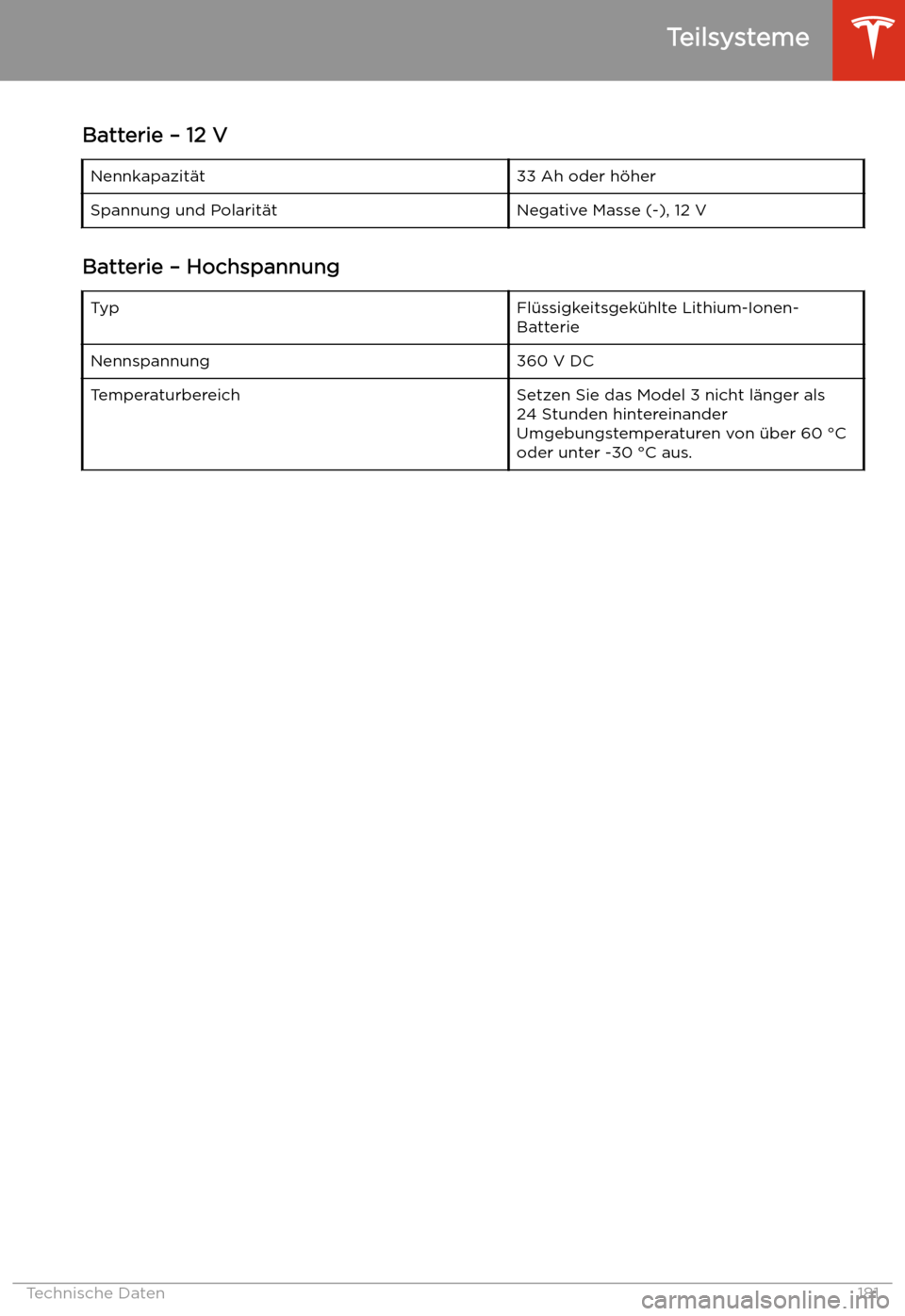 TESLA MODEL 3 2019 Betriebsanleitung (in German) Batterie TESLA MODEL 3 2019 Betriebsanleitung (in German) Batterie