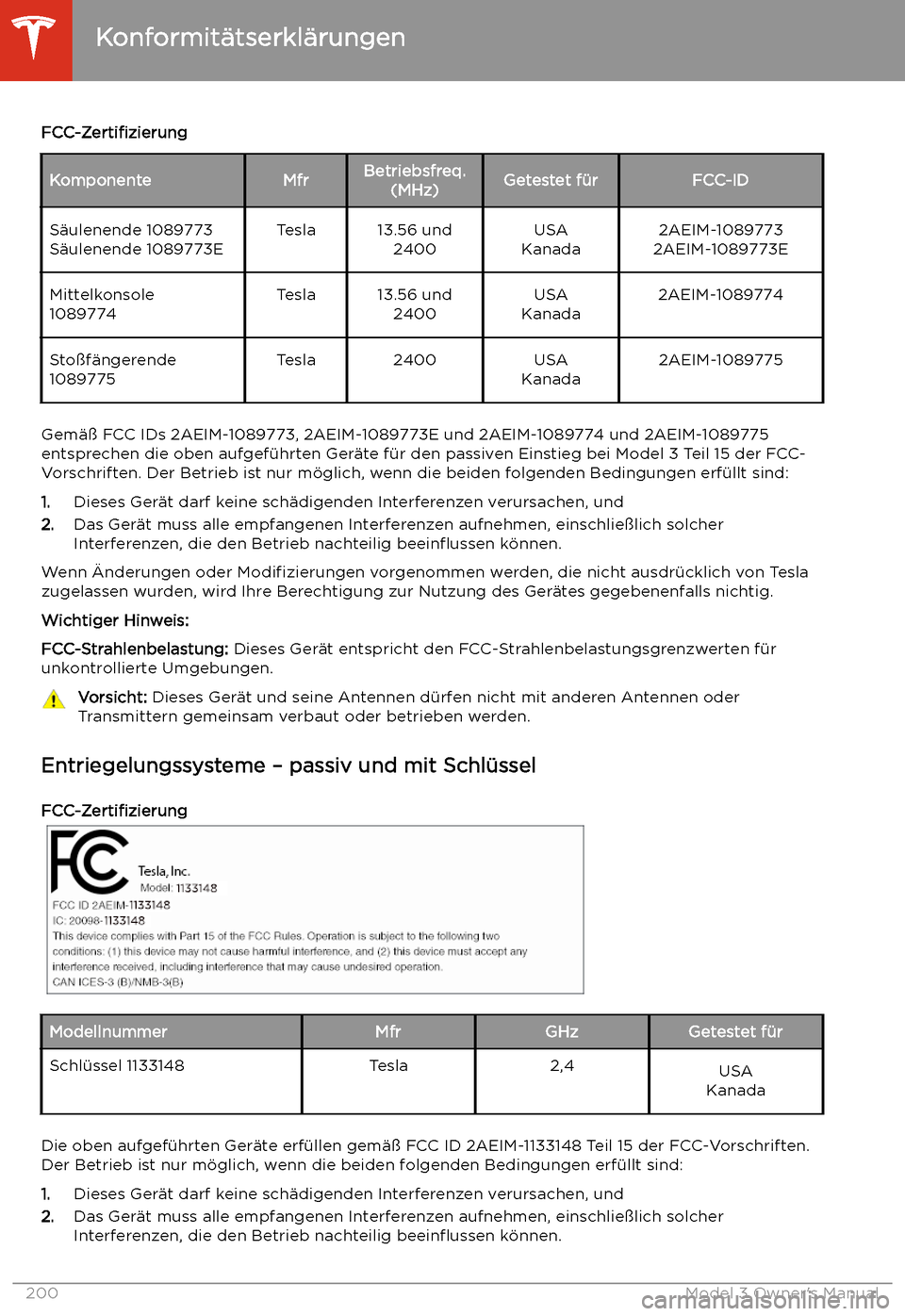 TESLA MODEL 3 2019 Betriebsanleitung (in German) FCC-ZertifizierungKomponenteMfrBetriebsfreq.(MHz)Getestet f TESLA MODEL 3 2019 Betriebsanleitung (in German) FCC-ZertifizierungKomponenteMfrBetriebsfreq.(MHz)Getestet f