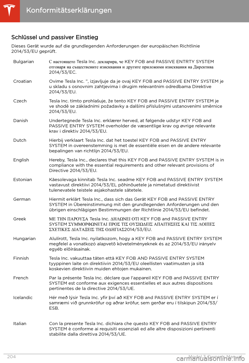 TESLA MODEL 3 2019 Betriebsanleitung (in German) Schl TESLA MODEL 3 2019 Betriebsanleitung (in German) Schl