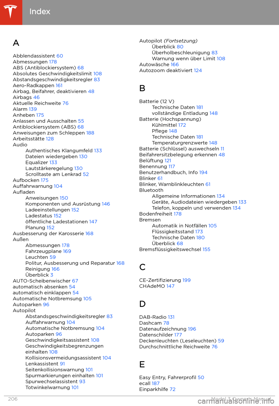 TESLA MODEL 3 2019  Betriebsanleitung (in German) Index
A Abblendassistent  60
Abmessungen  178
ABS (Antiblockiersystem)  68
Absolutes Geschwindigkeitslimit  108
Abstandsgeschwindigkeitsregler  83
Aero-Radkappen  161
Airbag, Beifahrer, deaktivieren  