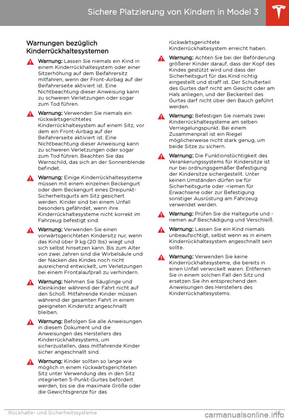 TESLA MODEL 3 2019  Betriebsanleitung (in German) Warnungen bez