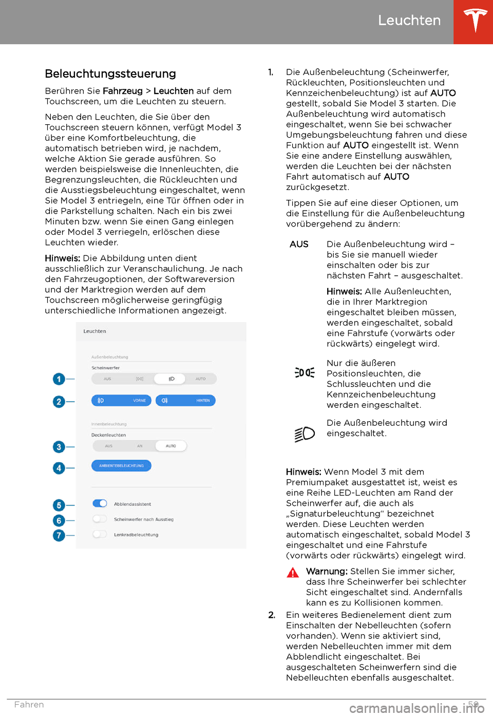 TESLA MODEL 3 2019  Betriebsanleitung (in German) Leuchten
Beleuchtungssteuerung
Ber