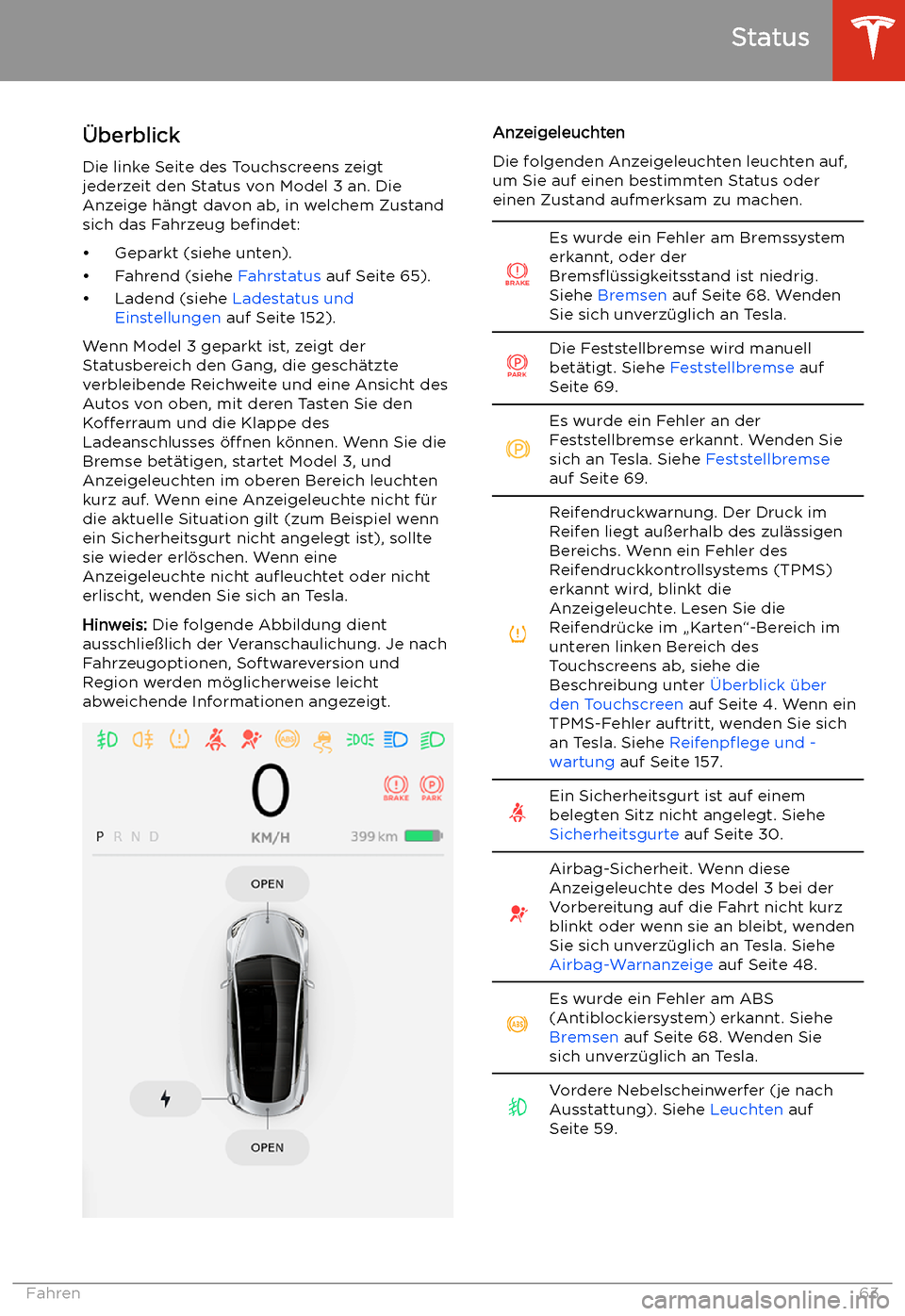 TESLA MODEL 3 2019 Betriebsanleitung (in German) Status
TESLA MODEL 3 2019 Betriebsanleitung (in German) Status