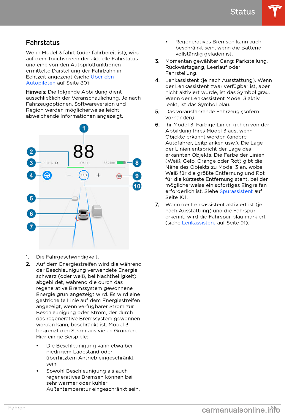 TESLA MODEL 3 2019 Betriebsanleitung (in German) Fahrstatus
Wenn Model 3 f TESLA MODEL 3 2019 Betriebsanleitung (in German) Fahrstatus
Wenn Model 3 f