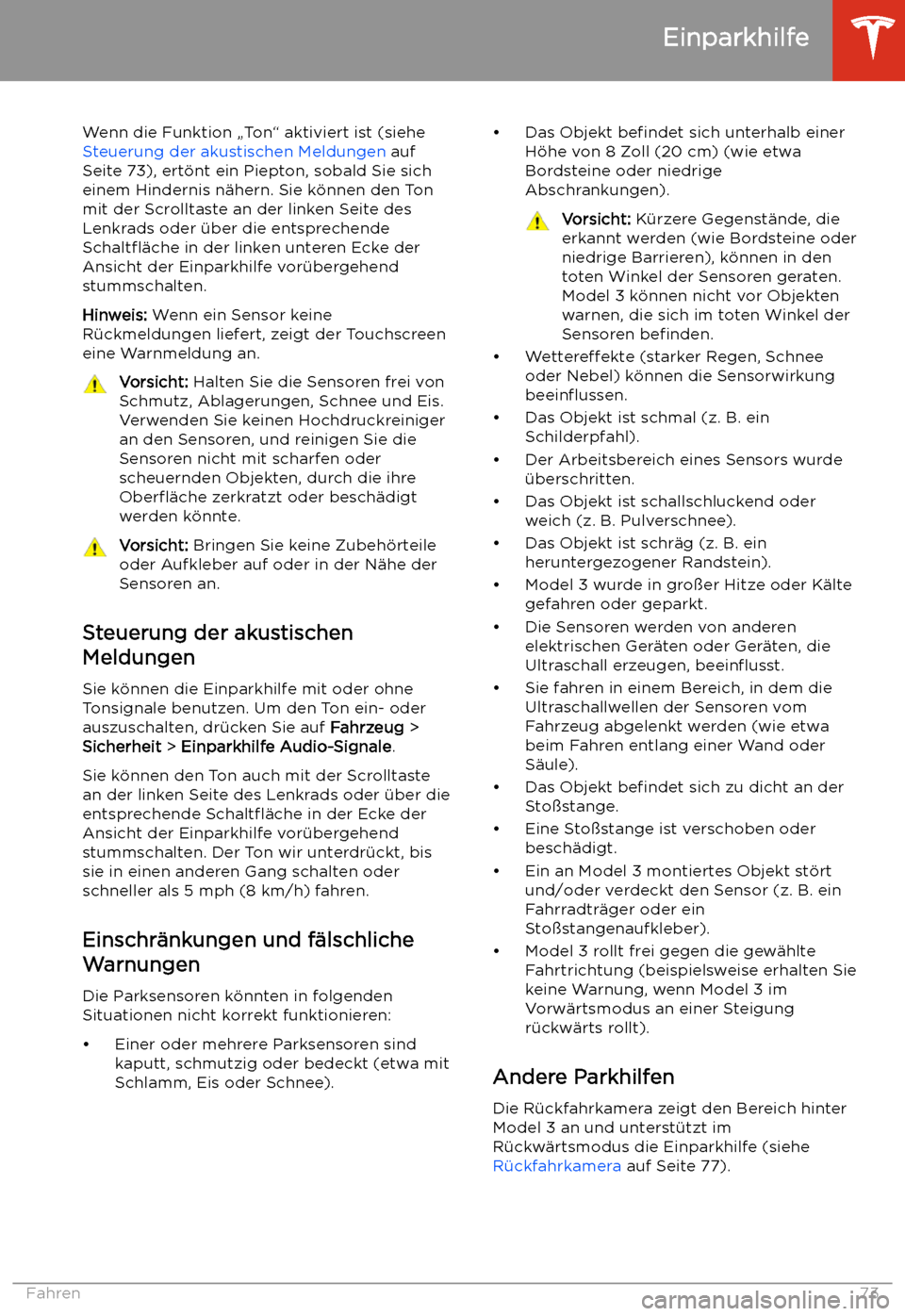 TESLA MODEL 3 2019 Betriebsanleitung (in German) Wenn die Funktion TESLA MODEL 3 2019 Betriebsanleitung (in German) Wenn die Funktion