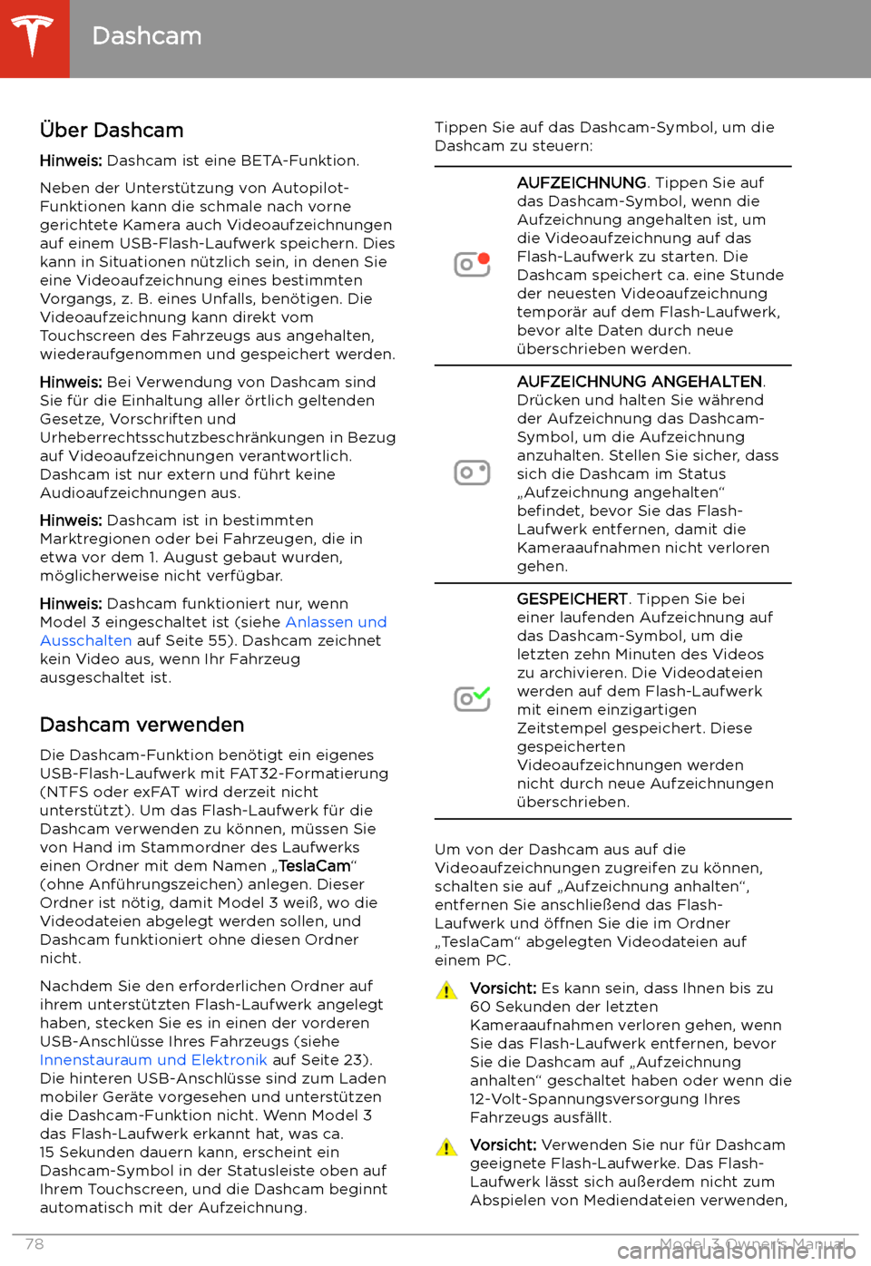 TESLA MODEL 3 2019  Betriebsanleitung (in German) Dashcam
