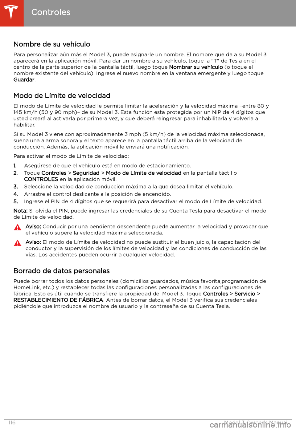 TESLA MODEL 3 2019 Manual del propietario (in Spanish) Nombre de su veh TESLA MODEL 3 2019 Manual del propietario (in Spanish) Nombre de su veh