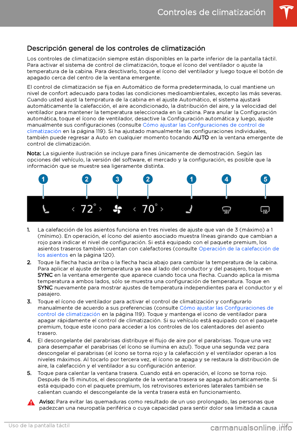 TESLA MODEL 3 2019 Manual del propietario (in Spanish) Controles de climatizaci TESLA MODEL 3 2019 Manual del propietario (in Spanish) Controles de climatizaci