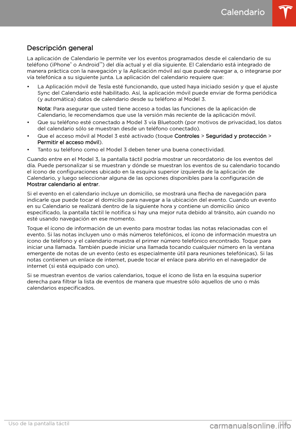 TESLA MODEL 3 2019  Manual del propietario (in Spanish)  Calendario
Descripci
