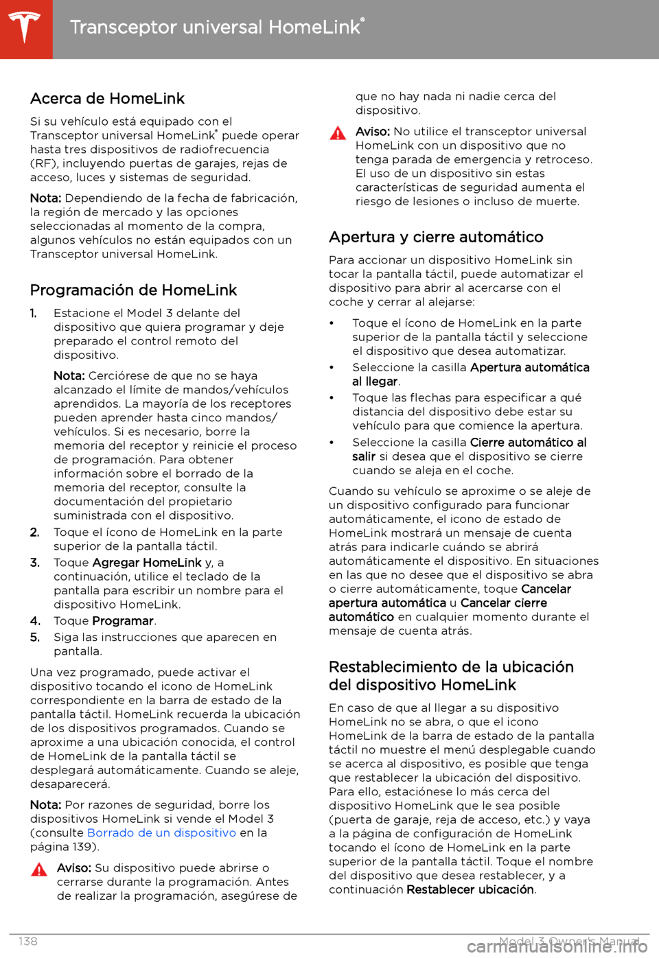 TESLA MODEL 3 2019  Manual del propietario (in Spanish)  Transceptor universal HomeLink
