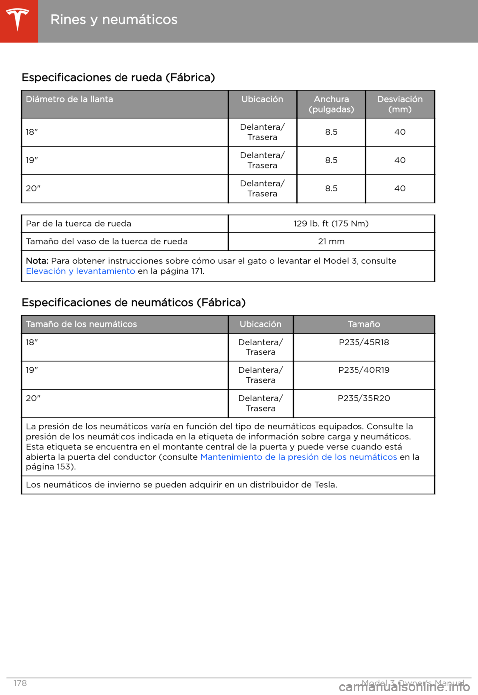 TESLA MODEL 3 2019 Manual del propietario (in Spanish) Rines y neum TESLA MODEL 3 2019 Manual del propietario (in Spanish) Rines y neum