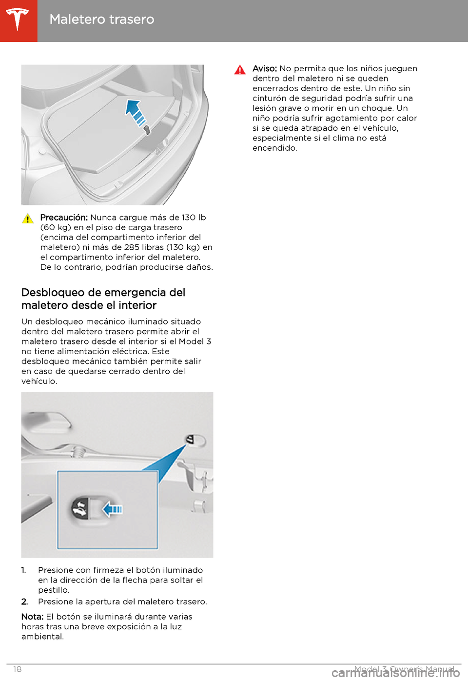 TESLA MODEL 3 2019  Manual del propietario (in Spanish)  Precauci