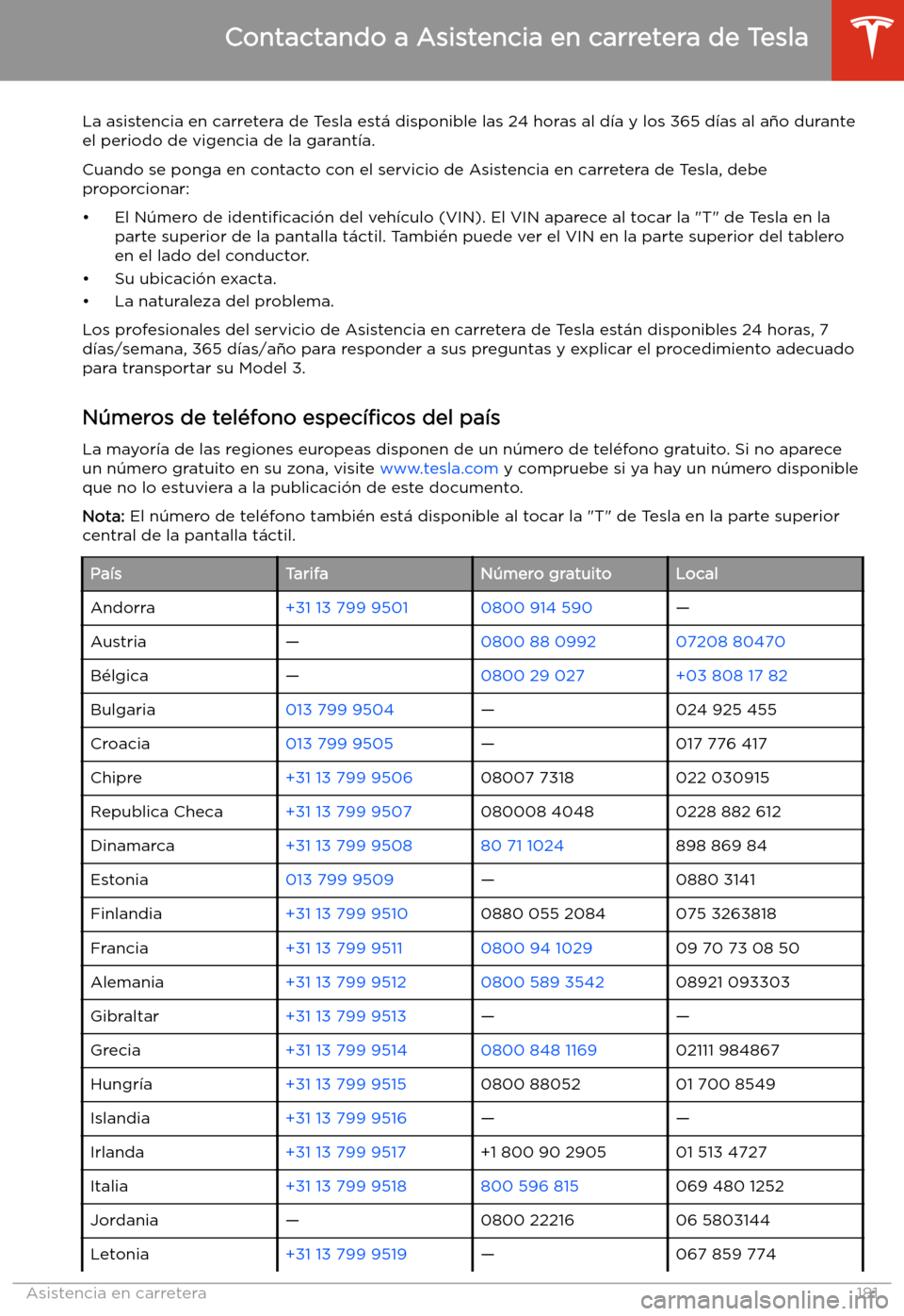 TESLA MODEL 3 2019 Manual del propietario (in Spanish) Asistencia en carretera
Contactando a Asistencia en carretera de Tesla
La asistencia en carretera de Tesla est TESLA MODEL 3 2019 Manual del propietario (in Spanish) Asistencia en carretera
Contactando a Asistencia en carretera de Tesla
La asistencia en carretera de Tesla est