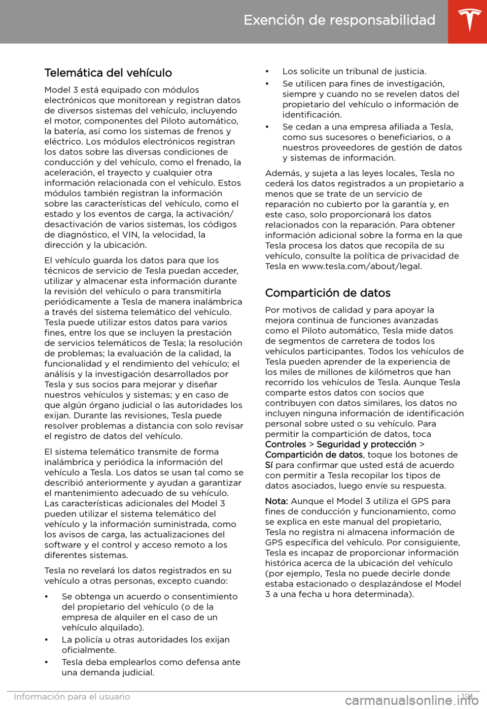 TESLA MODEL 3 2019 Manual del propietario (in Spanish) Exenci TESLA MODEL 3 2019 Manual del propietario (in Spanish) Exenci
