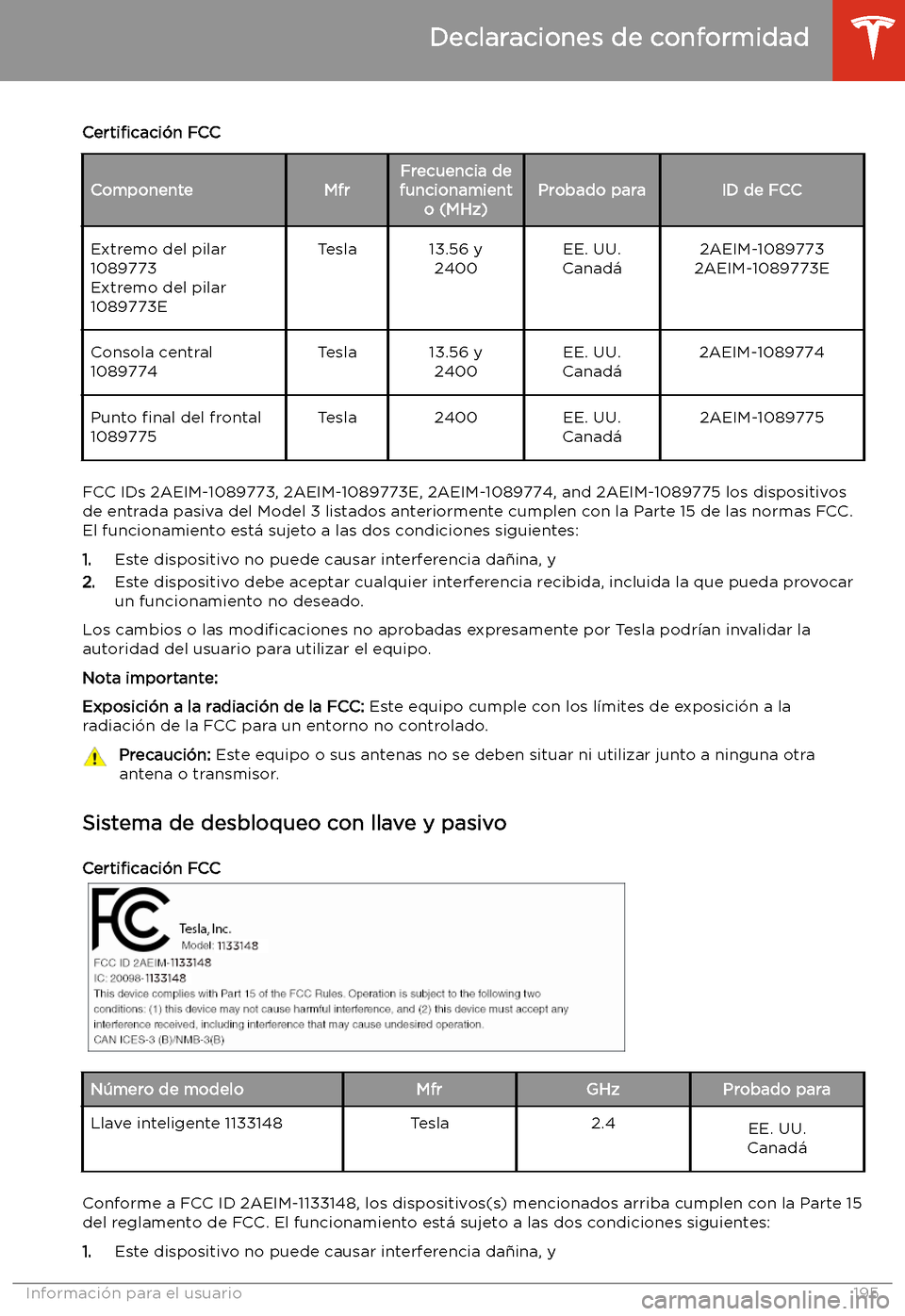 TESLA MODEL 3 2019 Manual del propietario (in Spanish) Certi TESLA MODEL 3 2019 Manual del propietario (in Spanish) Certi