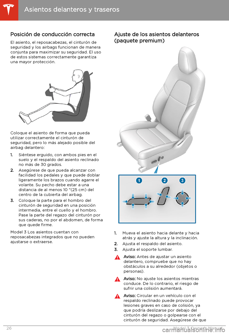 TESLA MODEL 3 2019 Manual del propietario (in Spanish) Asientos y sistemas de sujeci TESLA MODEL 3 2019 Manual del propietario (in Spanish) Asientos y sistemas de sujeci