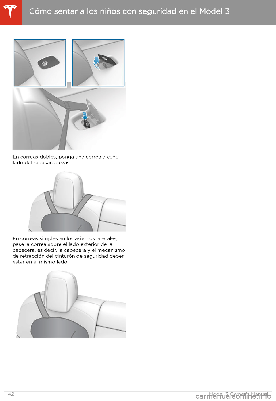 TESLA MODEL 3 2019 Manual del propietario (in Spanish) En correas dobles, ponga una correa a cada
lado del reposacabezas.
En correas simples en los asientos laterales,
pase la correa sobre el lado exterior de la
cabecera, es decir, la cabecera y el mecani TESLA MODEL 3 2019 Manual del propietario (in Spanish) En correas dobles, ponga una correa a cada
lado del reposacabezas.
En correas simples en los asientos laterales,
pase la correa sobre el lado exterior de la
cabecera, es decir, la cabecera y el mecani