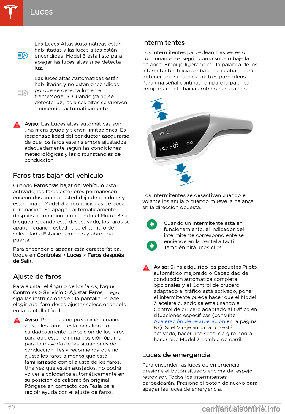 TESLA MODEL 3 2019 Manual del propietario (in Spanish) Las Luces Altas Autom TESLA MODEL 3 2019 Manual del propietario (in Spanish) Las Luces Altas Autom