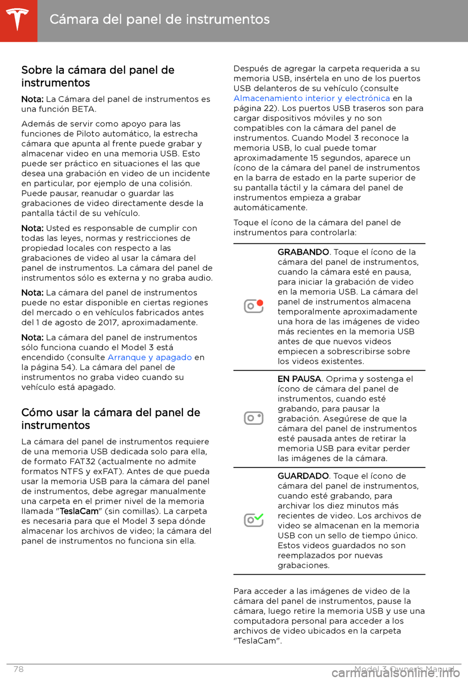 TESLA MODEL 3 2019 Manual del propietario (in Spanish) C TESLA MODEL 3 2019 Manual del propietario (in Spanish) C
