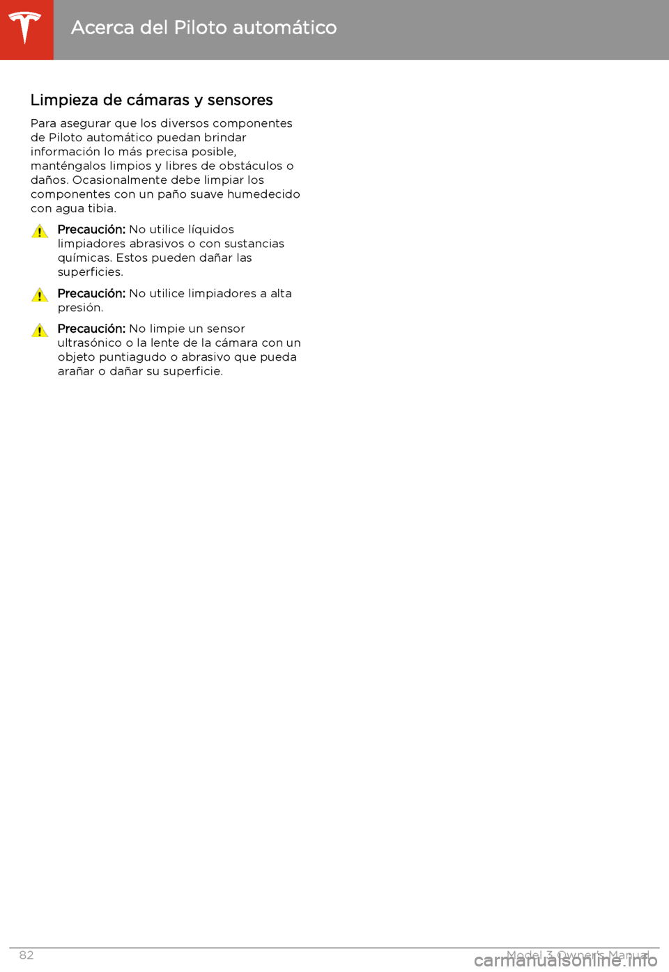 TESLA MODEL 3 2019  Manual del propietario (in Spanish)  Limpieza de c